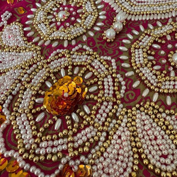 2pc Shorts Top Banarasi Style Fuchsia Gold Foil Boho Beaded Set OSFM L XL - Picture 8 of 10